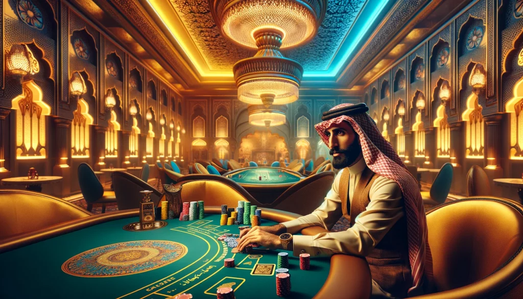 DALL·E 2024-03-26 10.32.47 - Imagine an Arabian-style casino, bathed in a striking color scheme_ vibrant yellow (#F7BF25), rich caramel (#AD861A), creamy off-white (#FFF1C9), elec