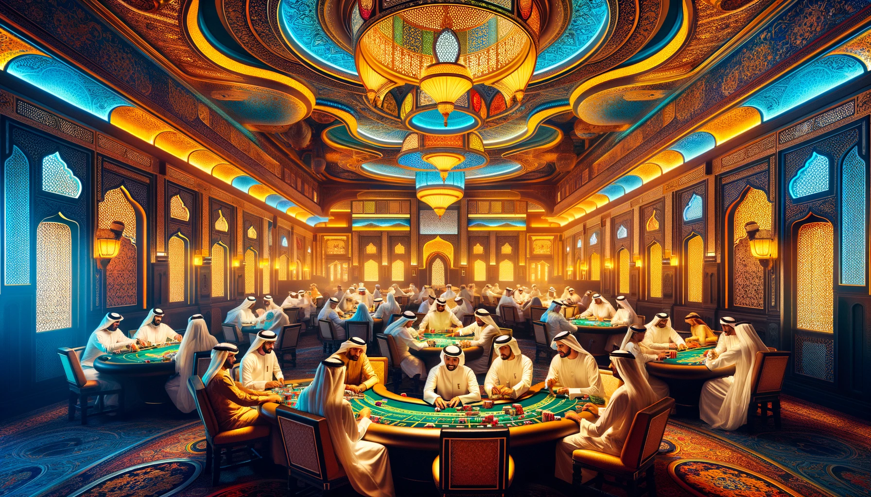 DALL·E 2024-03-26 10.33.15 - Craft an Arabian-style casino scene, illuminated by a unique color palette_ vibrant yellow (#F7BF25), rich caramel (#AD861A), creamy off-white (#FFF1C